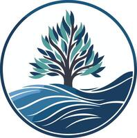 Simple, modern logo featuring a stylized tree with blue foliage standing on a rolling wave vector