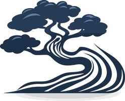 Stylized illustration of a bonsai tree with intricate branches and a flowing base vector