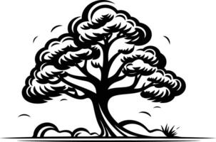 Black and white illustration of a stylized tree with strong branches and roots, perfect for nature themed logos, branding, or design elements vector