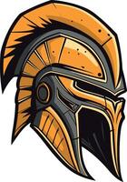 A bold and detailed illustration of a warrior's helmet, featuring a golden and black color scheme vector