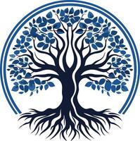 A stylized blue tree of life with intricate roots and a circular design vector
