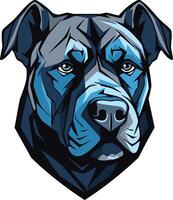 A striking, stylized portrait of a pit bull, rendered in shades of blue vector