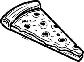 Black and white illustration of a single slice of pizza with a thick crust and visible toppings vector