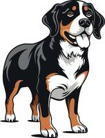 A friendly, cartoon style illustration of a bernese mountain dog standing, looking straight ahead with a happy expression vector