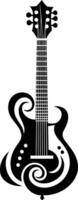 Black and white silhouette of an electric guitar with intricate, swirling designs vector