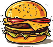 A cartoon illustration of a juicy, double decker hamburger with melted cheese, lettuce, and a juicy tomato vector