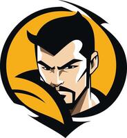 A bold and dynamic logo featuring a fierce male character with a determined expression vector