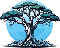A stylized illustration of a strong, ancient tree with intricate roots and a blue circular background vector