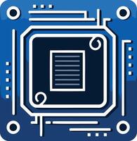 A simplified illustration of a computer motherboard, showcasing a central processor cpu within a blue and white color scheme vector