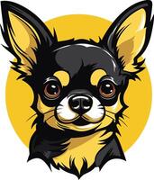 A charming cartoon illustration of a black and tan chihuahua with big, expressive eyes vector