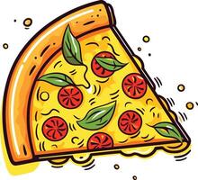 A cartoon illustration of a delicious pizza slice, perfect for menu designs, social media posts, and food related projects vector