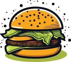 A cartoon style illustration of a juicy, delicious hamburger with lettuce and cheese vector