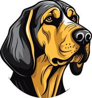 A bold, cartoon style illustration of a black and tan coonhound's head, perfect for branding or design projects vector