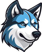A bold and expressive wolf mascot head, featuring a blue and white color scheme vector