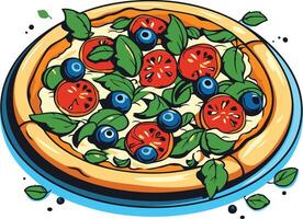 A delicious and colorful illustration of a pizza topped with tomatoes, blueberries, and basil vector