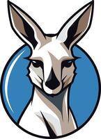 A bold and dynamic kangaroo logo design featuring a powerful, stylized kangaroo head against a blue circular background vector