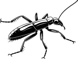 A detailed black and white illustration of a beetle in a side view, showcasing its intricate anatomy and segmented body vector