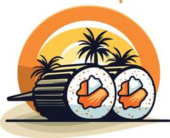 A vibrant illustration of two sushi rolls against a sunset backdrop with palm trees vector