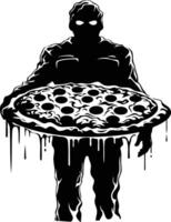 Silhouette of a monstrous figure holding a large pizza vector