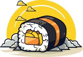 A cartoon illustration of a single sushi roll, with yellow filling, against a yellow background with clouds vector