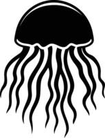 A simple black and white illustration of a jellyfish with flowing tentacles vector