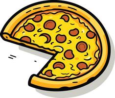 A cheerful cartoon illustration of a delicious pizza with a single slice missing vector