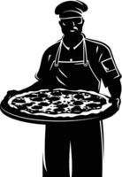 Silhouette of a pizza chef holding a delicious pizza vector