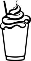 Black and white line drawing of a milkshake with a straw and whipped cream vector
