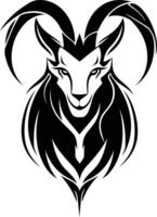 A bold and intricate black and white illustration of a goat or ram head with horns, perfect for tattoos, branding, or any design project requiring a strong, symbolic image vector