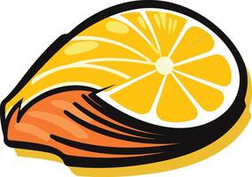 A whimsical illustration of a halved lemon, with its segmented flesh depicted in a stylized, cartoonish style vector