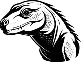 A detailed, black and white illustration of a lizard's head in profile, with a fierce expression and textured scales vector