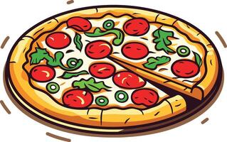 A cartoon illustration of a delicious pizza with a slice missing, perfect for your food related designs, menus, and social media posts vector