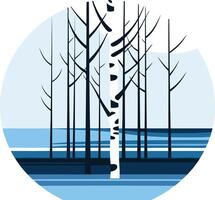 Minimalist illustration of a birch tree in a wintery forest, featuring a stylized design and blue tones vector