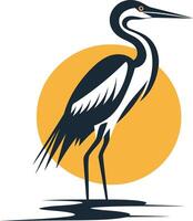 A stylized heron stands tall against a bright yellow sun, perfect for nature themed branding or logo design vector