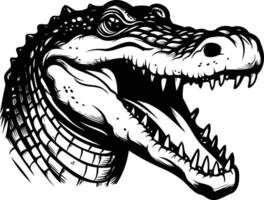 A powerful black and white illustration of a roaring alligator head vector