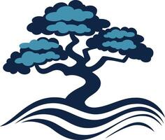 A stylized blue bonsai tree with flowing wave lines underneath, symbolizing growth, resilience, and harmony vector