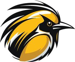 Bold and dynamic bird logo design featuring a stylized yellow and black bird with a sharp beak vector
