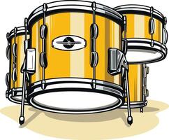 A vibrant illustration of a drum set, featuring a yellow bass drum, a snare drum, and a smaller tom vector