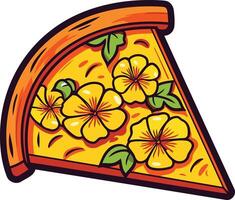 A quirky and colorful illustration of a pizza slice topped with flowers instead of toppings vector