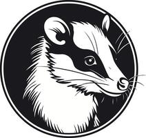 A bold and striking black and white illustration of a badger's face in a circular frame vector
