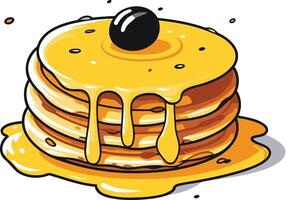 A delicious stack of pancakes with a generous drizzle of maple syrup and a blueberry on top vector
