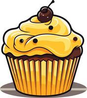 A cheerful and colorful illustration of a delicious cupcake with yellow frosting and a cherry on top vector