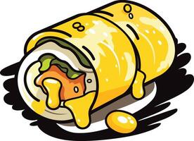 A cheerful cartoon illustration of a delicious burrito dripping with sauce, perfect for menu designs, food blogs, and social media posts vector