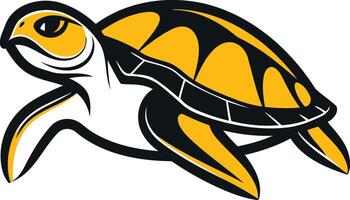 A bold and cartoonish illustration of a sea turtle with yellow and black coloring vector