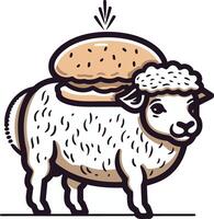 A fun cartoon illustration of a sheep wearing a burger as a hat perfect for adding a quirky touch to food related projects vector