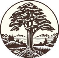 A Large Tree Stands Tall with Mountains in the Distance vector