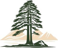 A majestic evergreen tree stands tall against a backdrop of rolling hills, a minimalist yet powerful symbol of nature's enduring strength vector