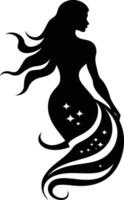 Elegant silhouette of a mermaid with flowing hair and a tail adorned with stars vector