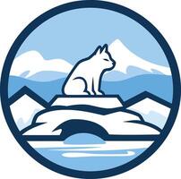 A minimalist and modern logo featuring a white arctic fox sitting atop a rock with mountains in the background vector