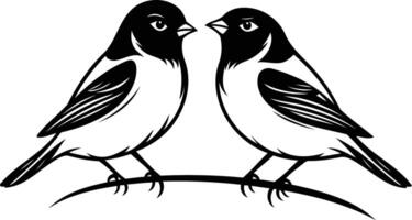 Two black and white birds perched on a branch, looking at each other vector